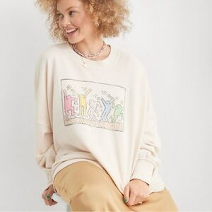Aerie The Happiest Oversized Keith Haring Crew Sweatshirt Size XS Cream